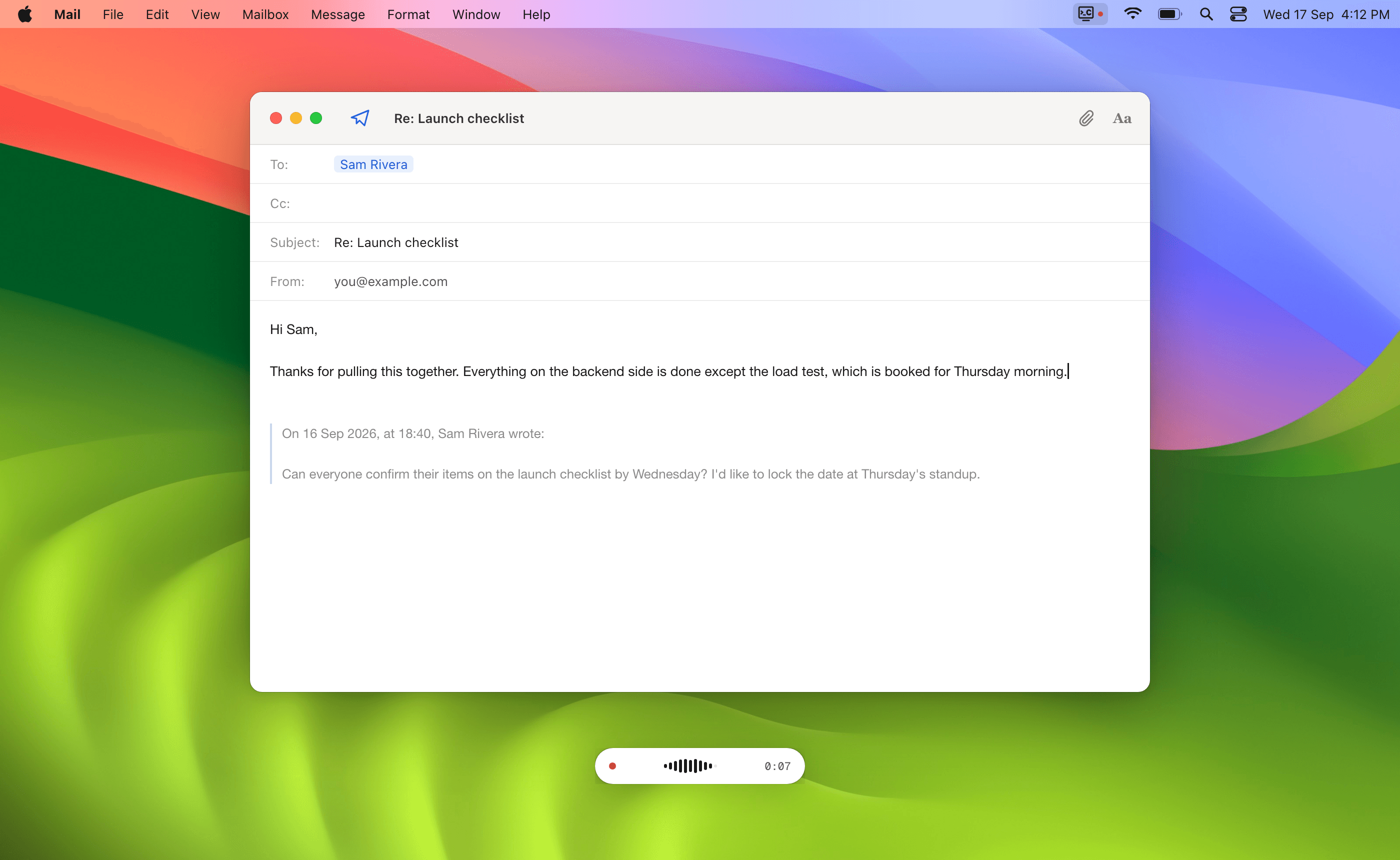 Dictating an email reply in Mail with the Clance dictation pill.