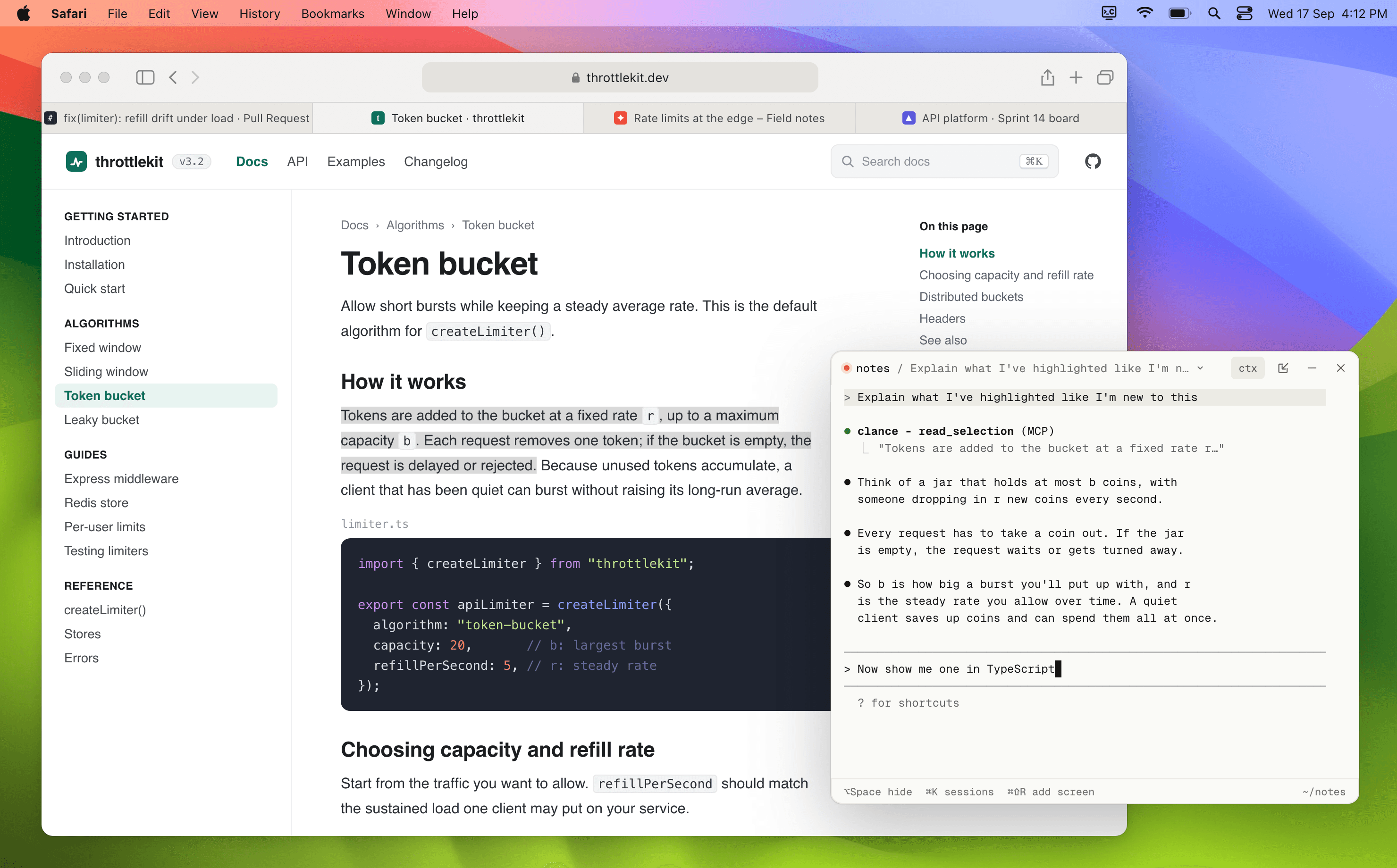 The Clance popup over a browser, explaining highlighted docs after reading the selection.
