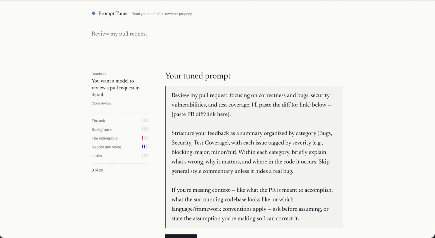 The tuned prompt returned by the rewrite, beside the same scorecard.
