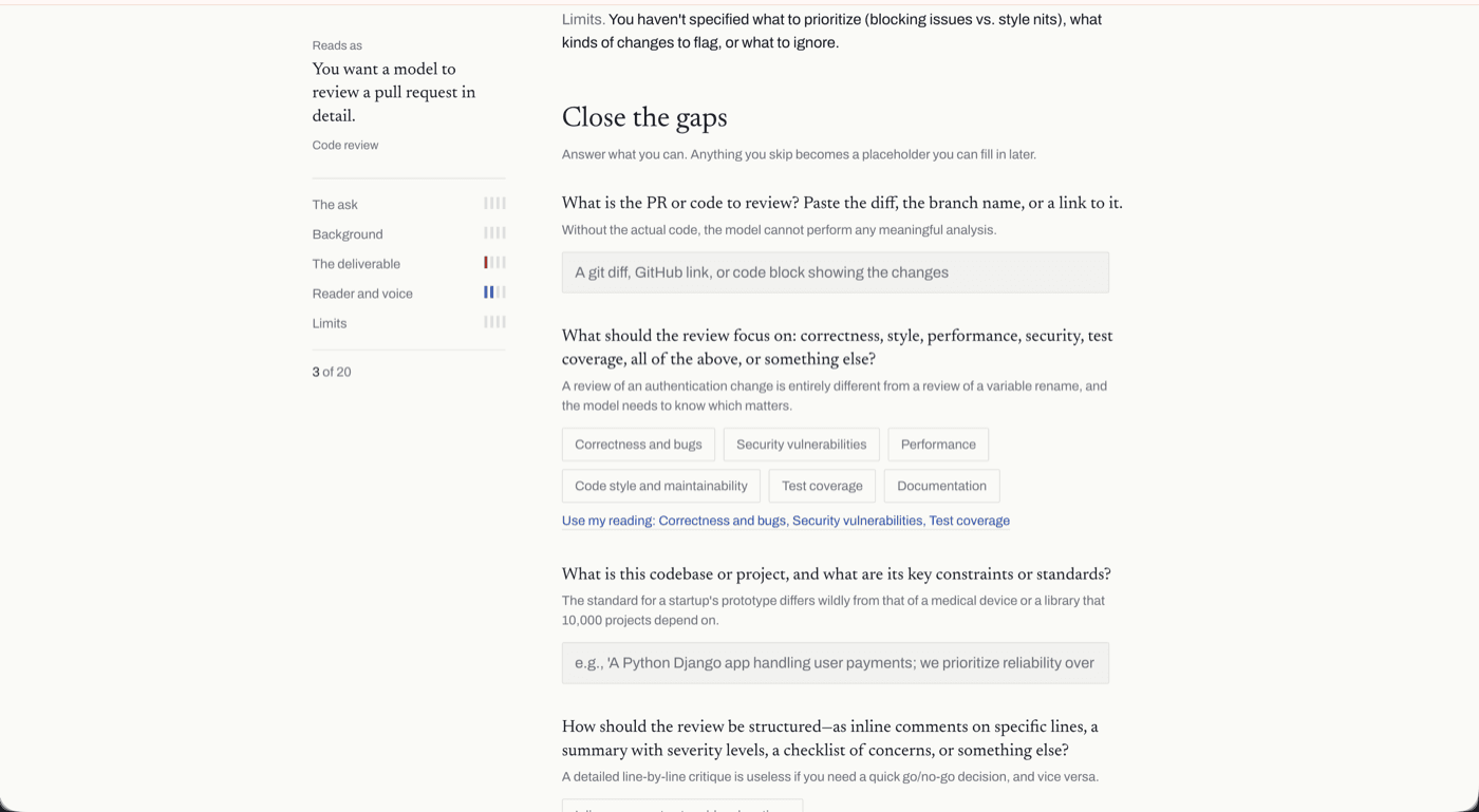 A draft prompt scored on five dimensions, with the gaps worth closing listed beside it as questions.
